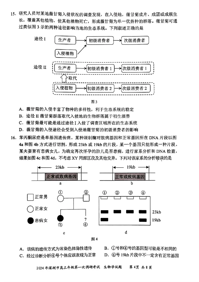 2024年2月深圳市高三一模生物试卷_@高三模考真题_2024年2月深圳市高三一模试卷及答案