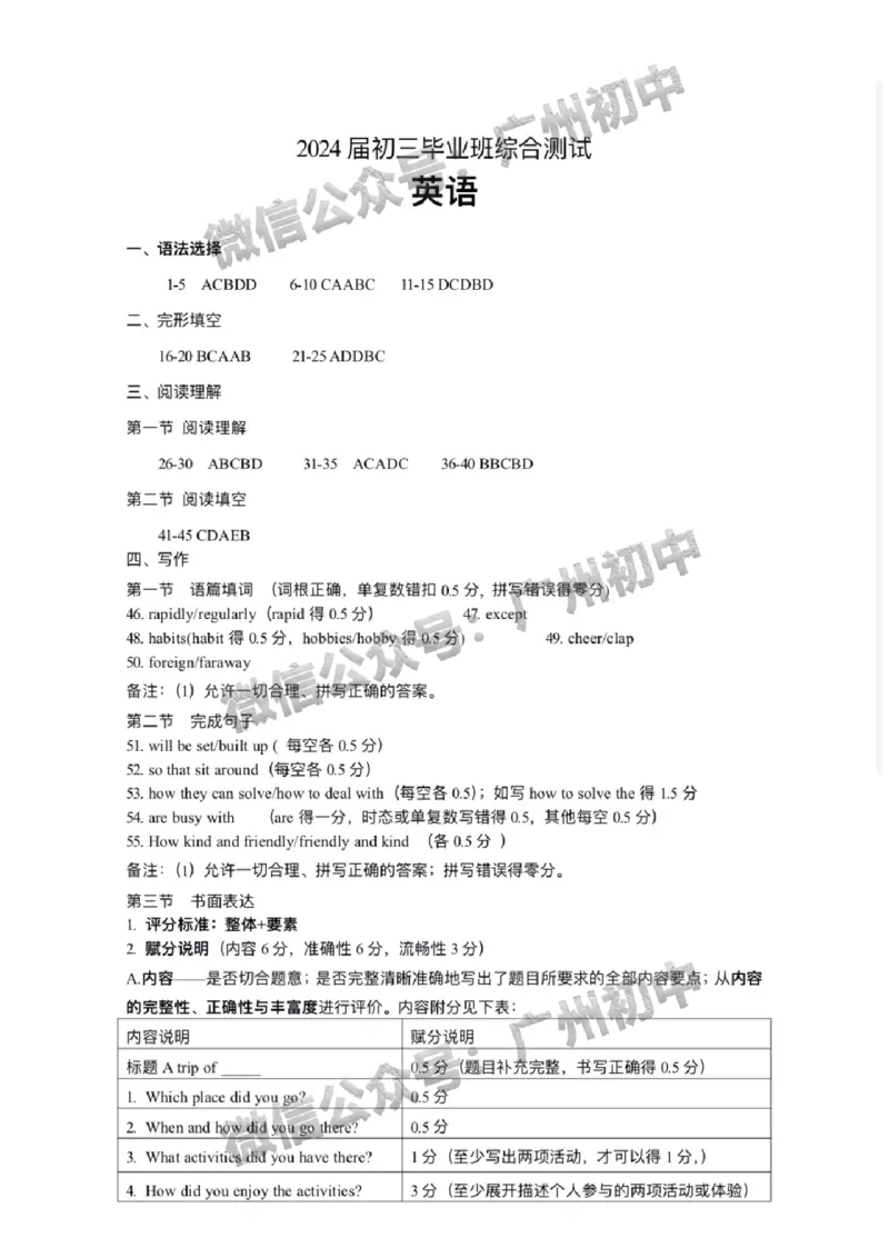 2024天河区中考一模英语试题答案解析_广州九上月考+期中+期末+一模二模+中考真题_广州2024年中考一模_天河区