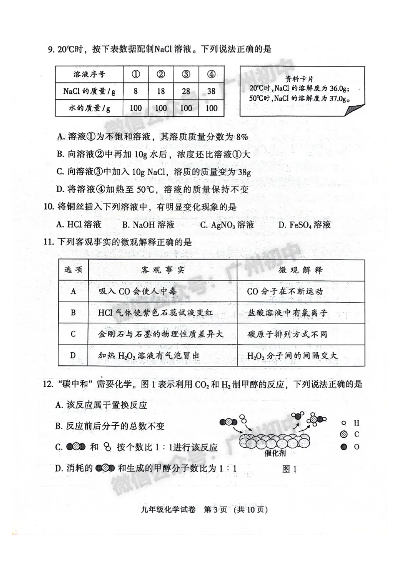 2024越秀区中考一模化学试题答案解析_广州九上月考+期中+期末+一模二模+中考真题_广州2024年中考一模_越秀区