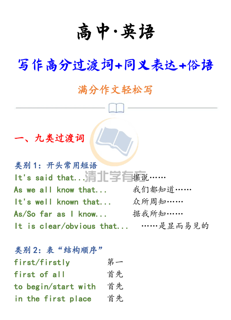 英语55高中英语写作9类过渡词+30组同义表达+100句俗语_S054高中英语备考必备学习资料包