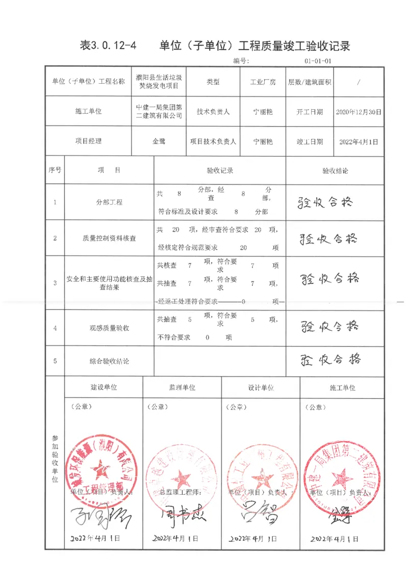 竣工验收记录表_2021-2023年优秀施组方案_施工组织设计_施组03-濮阳县生活垃圾焚烧发电项目施工组织设计_2、质量竣工验收记录