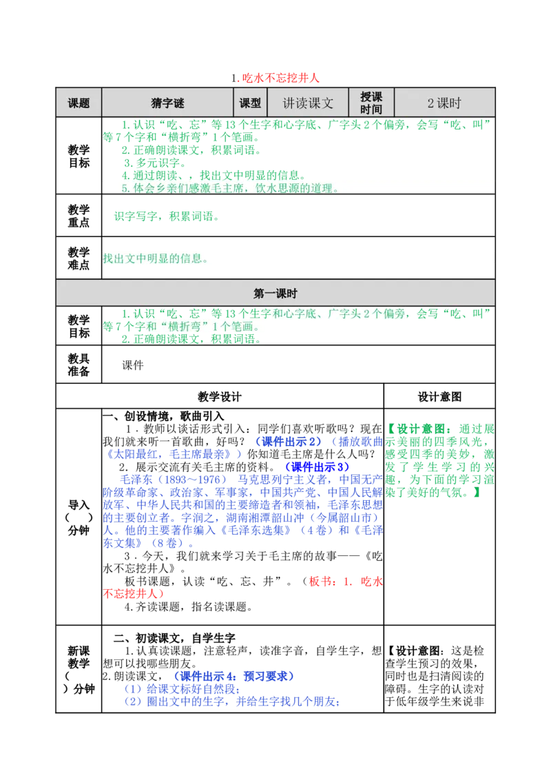 1吃水不忘挖井人-教案_一年级语文下册（统编版）_老课标资料_教案反思+导学案_表格式_5版表格式教案