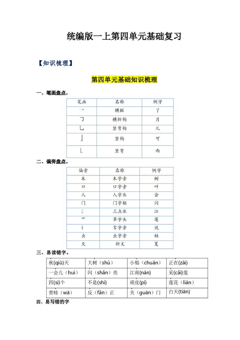第四单元（知识清单）（统编版）_一年级语文上册（统编版）_单元知识复习专项_2024版