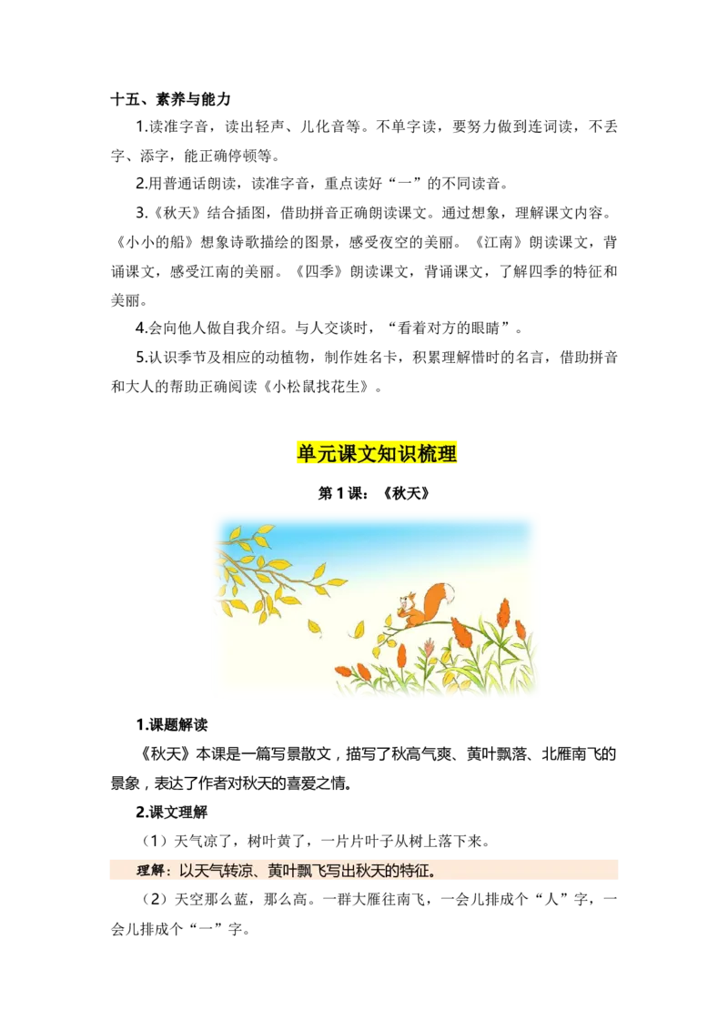 第四单元（知识清单）（统编版）_一年级语文上册（统编版）_单元知识复习专项_2024版