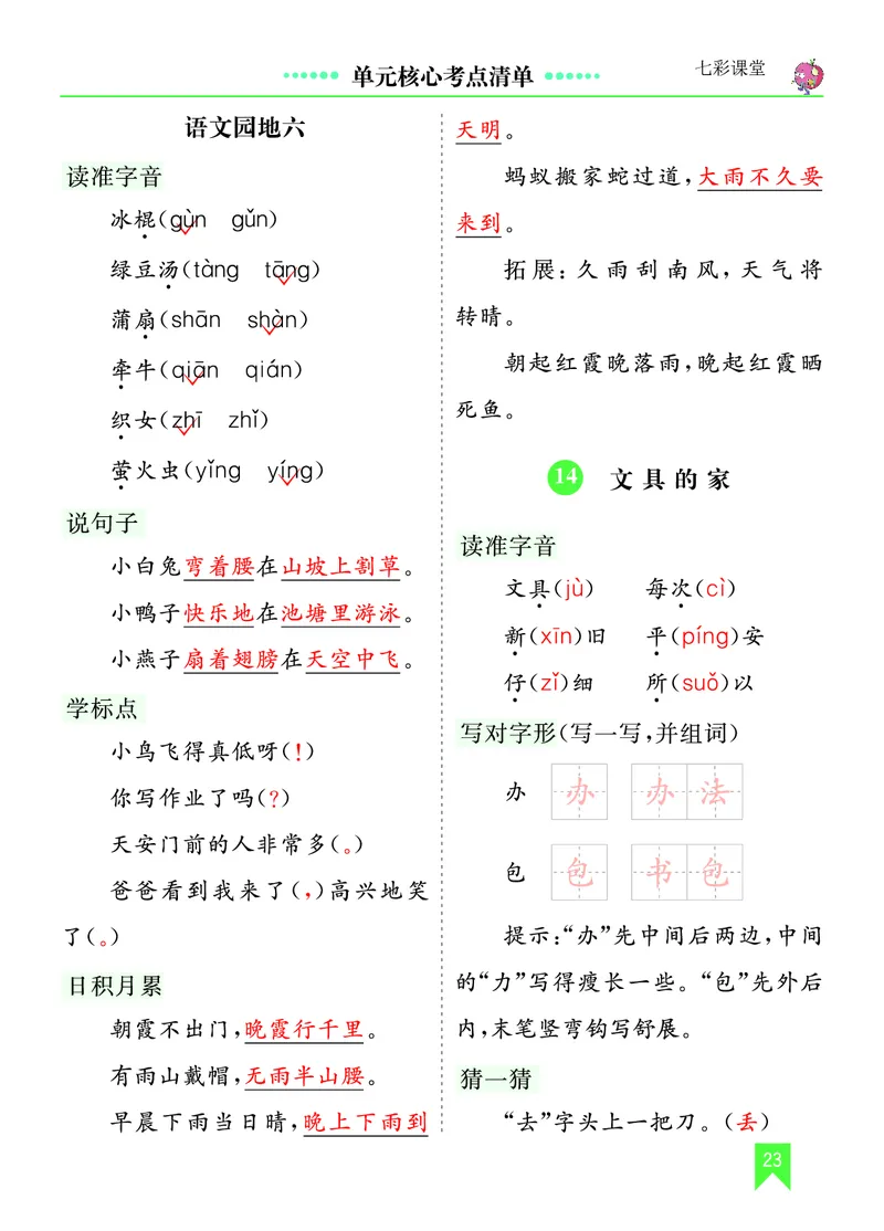 第七单元核心考点清单_一年级语文下册（统编版）_老课标资料_一年级下册全套课件资料_7.第七单元_单元复习_第七单元知识小结