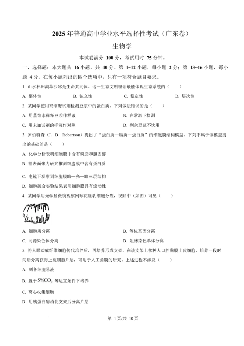 2025年高考生物试卷（广东卷）（空白卷）_生物历年高考真题_新&middot;Word版2008-2025&middot;高考生物真题_生物（按年份分类）2008-2025_2025&middot;高考生物真题