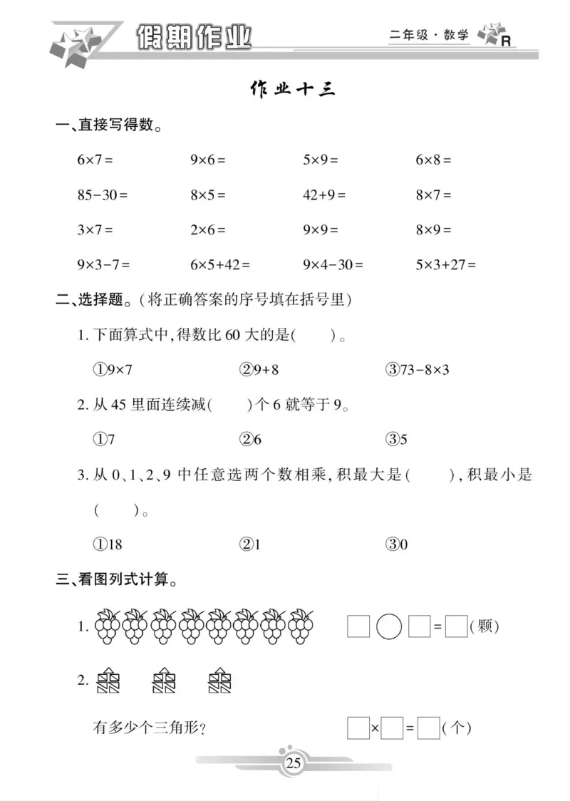 《寒假作业》数学2年级上册（RJ）_二年级上下册资料_小学二年级学习资料-25年更新版_2-11、寒、暑假大礼包_寒假大礼包