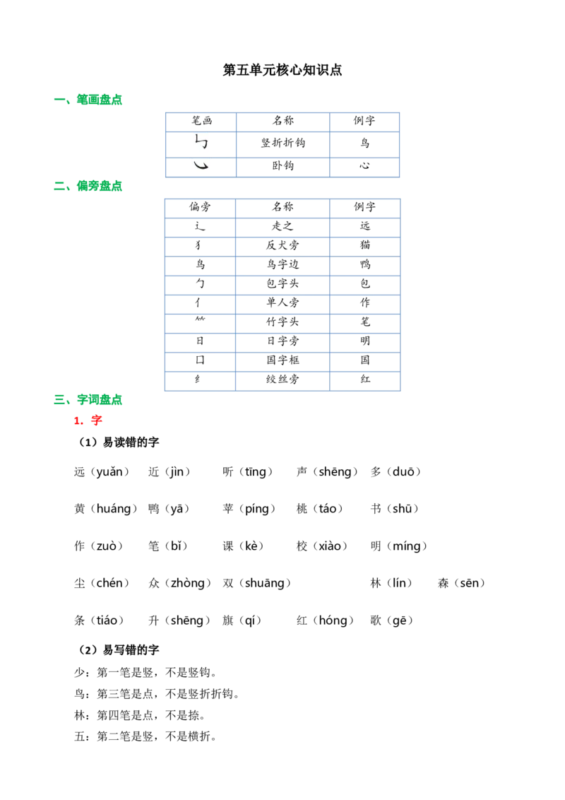 第五单元核心知识点_一年级语文上册（统编版）_老课标资料_单元知识小结