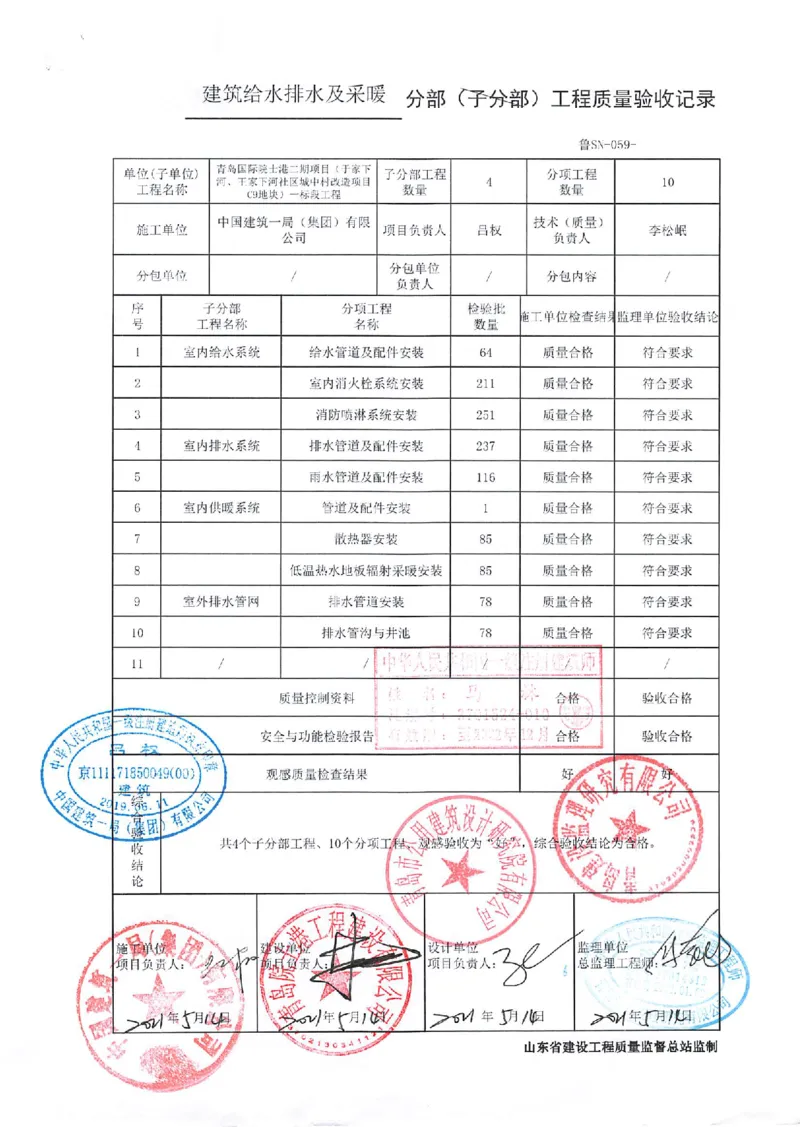 建筑给水排水及采暖分部_2021-2023年优秀施组方案_施工组织设计_施组02-青岛国际院士港二期项目一标段施工组织设计_2、质量竣工验收记录_分部