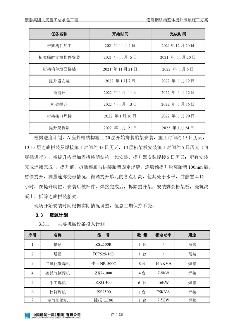 康泰集团大厦施工总承包工程-钢结构连廊专项施工方案-正文_2021-2023年优秀施组方案_施工方案_方案36-连廊钢结构整体提升专项施工方案