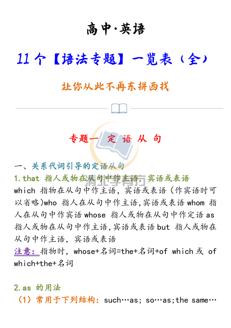 英语65高中英语11个语法专题一览表（全），让你从此不再东拼西找！_S054高中英语备考必备学习资料包