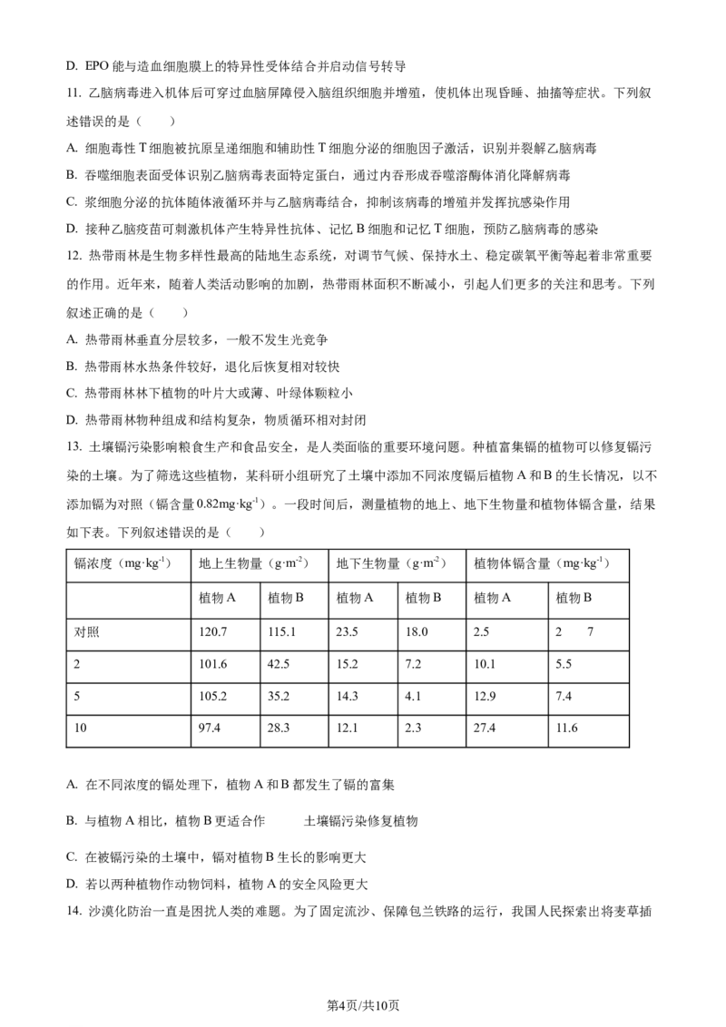 2024年高考生物试卷（甘肃）（空白卷）_生物历年高考真题_新&middot;Word版2008-2025&middot;高考生物真题_生物（按年份分类）2008-2025_2024&middot;高考生物真题