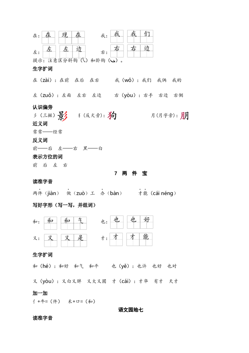 第七单元核心考点清单_一年级语文上册（统编版）_全套教学资源_课件+教案_7.第七单元_单元复习_第七单元知识小结