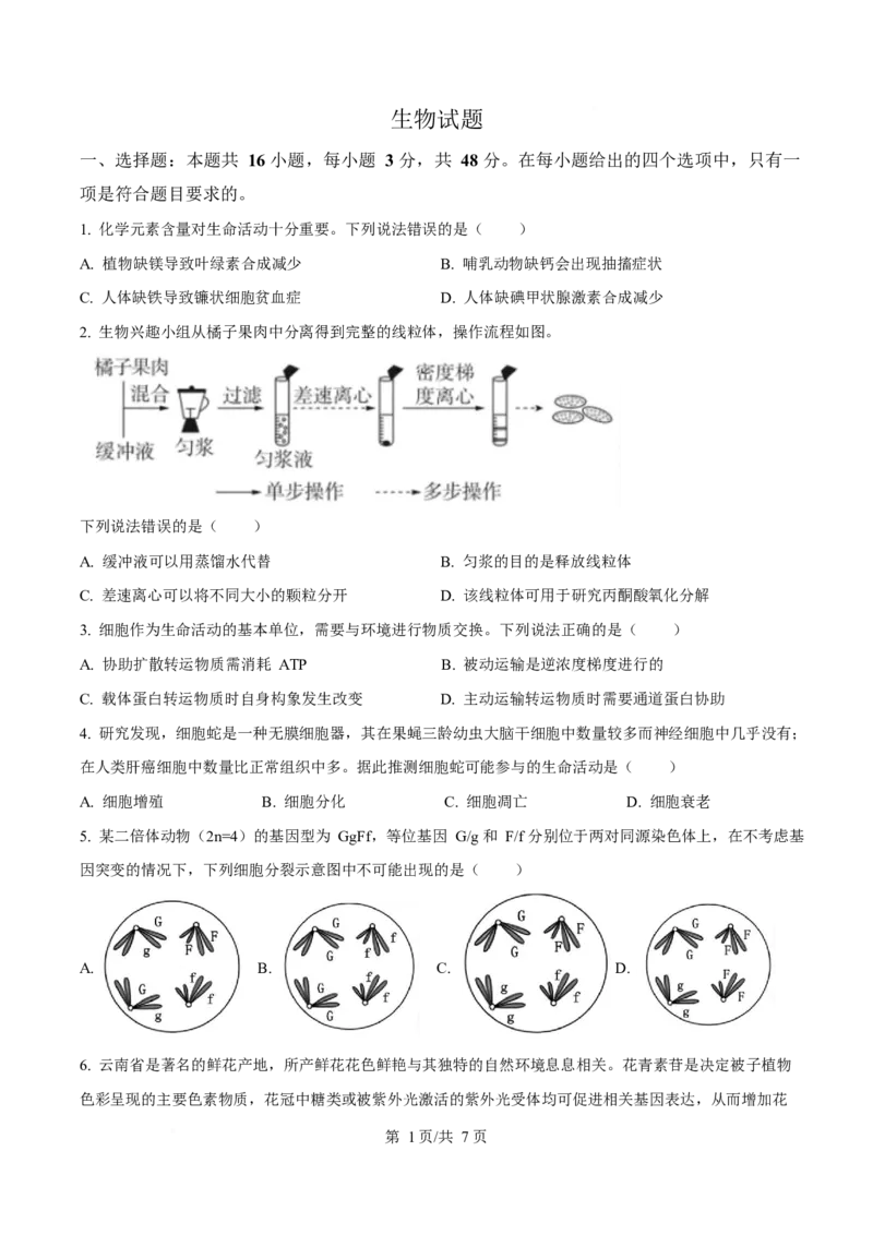 2025年高考生物试卷（云南卷）（空白卷）_生物历年高考真题_新&middot;Word版2008-2025&middot;高考生物真题_生物（按年份分类）2008-2025_2025&middot;高考生物真题