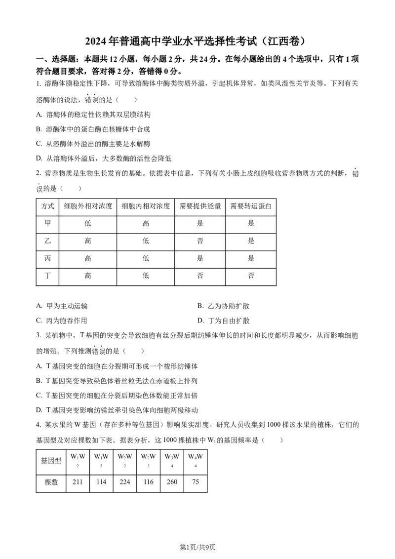 2024年高考生物试卷（江西）（空白卷）_生物历年高考真题_新&middot;Word版2008-2025&middot;高考生物真题_生物（按年份分类）2008-2025_2024&middot;高考生物真题