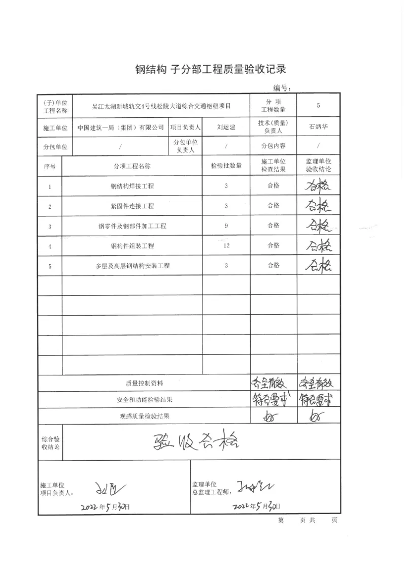钢结构子分部质量验收记录_2021-2023年优秀施组方案_施工方案_方案04-苏州吴江松陵大道综合交通枢纽项目-地上钢桁架吊装方案_附件2：验收文件