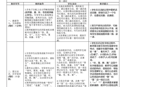 识字1《春夏秋冬》导学案_一年级语文下册（统编版）_老课标资料_教案反思+导学案_表格式_1版表格式导学案