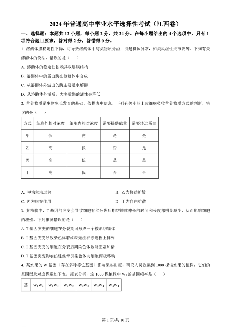 2024年高考生物试卷（江西）（空白卷）_生物历年高考真题_新&middot;PDF版2008-2025&middot;高考生物真题_生物（按年份分类）2008-2025_2024&middot;高考生物真题