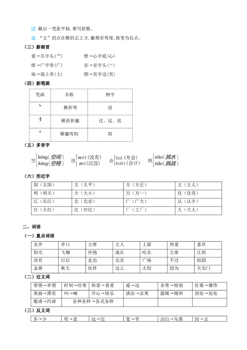 第二单元（知识清单）-（统编版&middot;2024）_一年级语文下册（统编版）_期末总复习