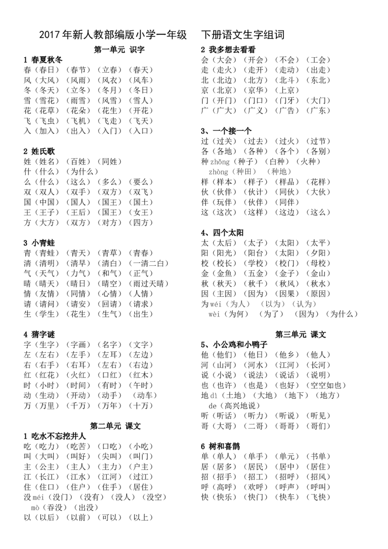 新版小学一年级下册语文组词_一年级语文下册（统编版）_老课标资料_一下语文含教学视频_第一套_009-试题试卷word版可下载打印_部编一年级期末复习和试卷