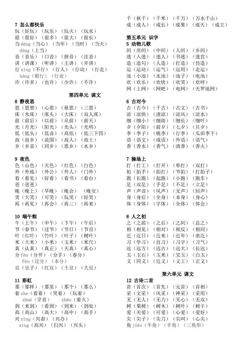 新版小学一年级下册语文组词_一年级语文下册（统编版）_老课标资料_一下语文含教学视频_第一套_009-试题试卷word版可下载打印_部编一年级期末复习和试卷