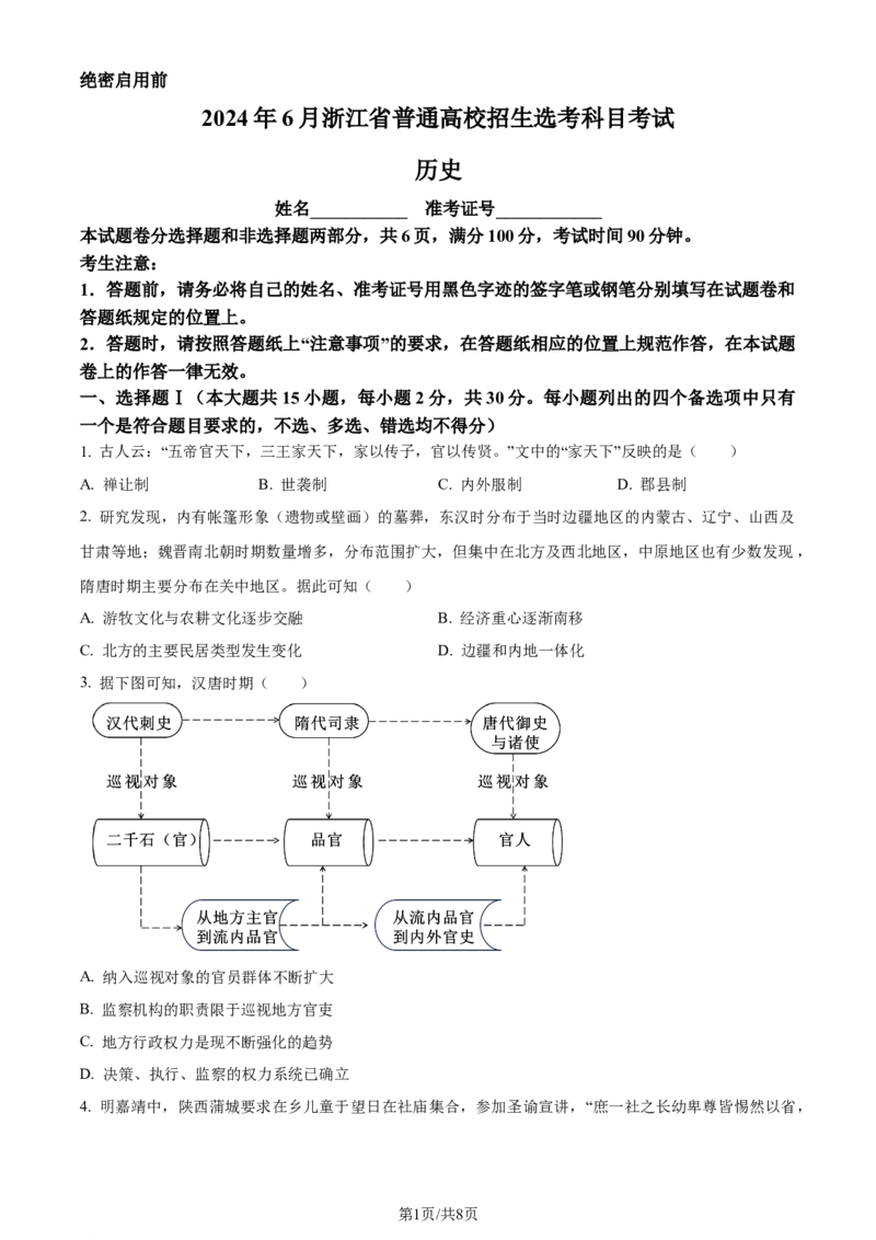 2024年高考历史试卷（浙江）（6月）（空白卷）_历史历年高考真题_新&middot;Word版2008-2025&middot;高考历史真题_历史（按年份分类）2008-2025_2024&middot;历史高考真题(1)
