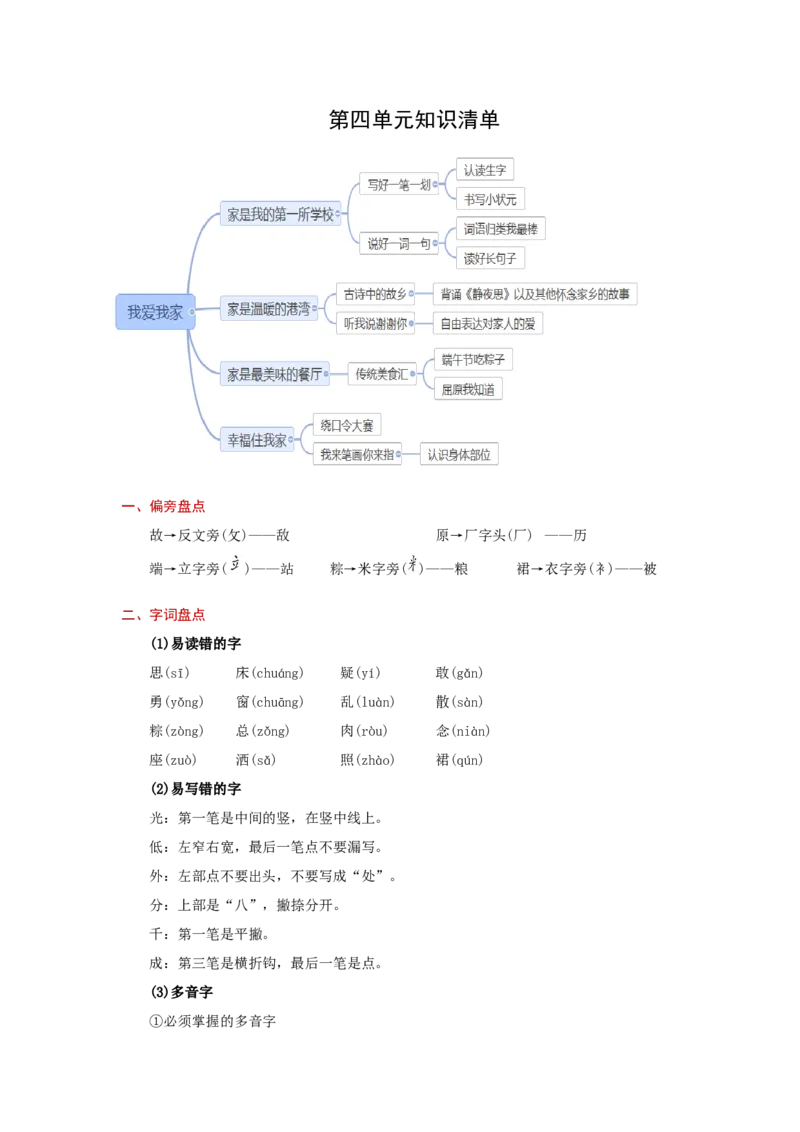 第四单元（知识清单）-（统编版）_一年级语文下册（统编版）_老课标资料_知识清单