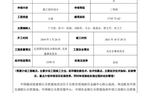 附件二：2022年度施工组织设计、施工方案编制技能竞赛申报表_2021-2023年优秀施组方案_施工组织设计_施组18-中国邮政储蓄银行合肥基地（三期）施工组织设计_2-优秀施工方案申报表