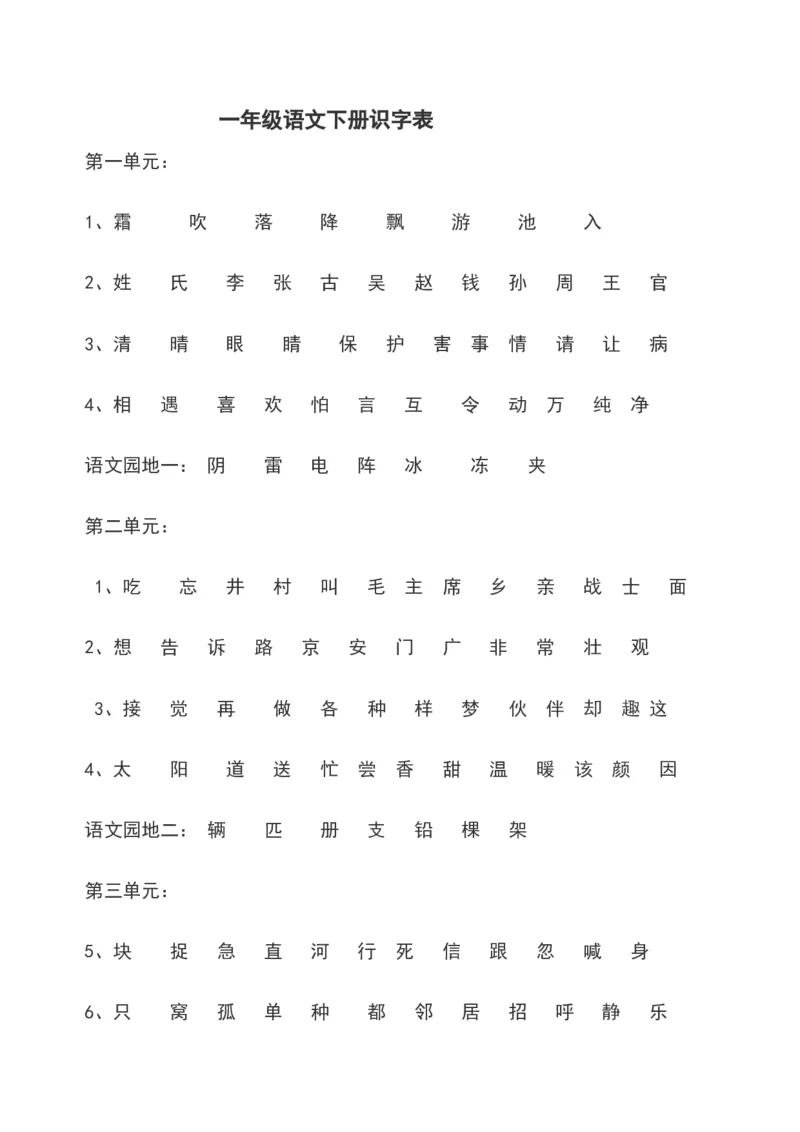 一年级语文下册识字表_一年级语文下册（统编版）_老课标资料_一下语文含教学视频_第一套_009-试题试卷word版可下载打印_总复习资料