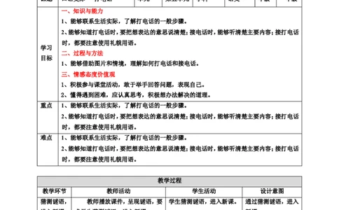 第五单元口语交际打电话教案_一年级语文下册（统编版）_老课标资料_教案反思+导学案_表格式_6版表格教案（带三维目标）_第5单元