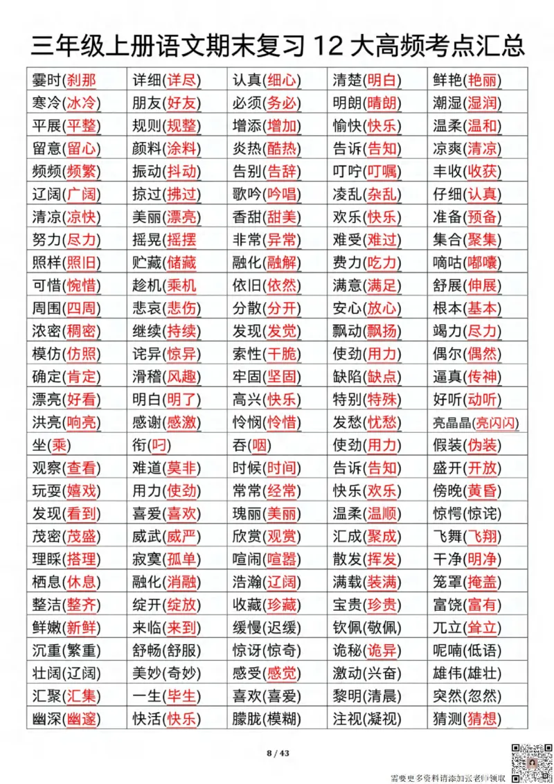 1125三年级上册语文期末复习12大高频考点汇总纯图版_三年级上下册资料_三年级上册小红书同款资料_三年级(1)