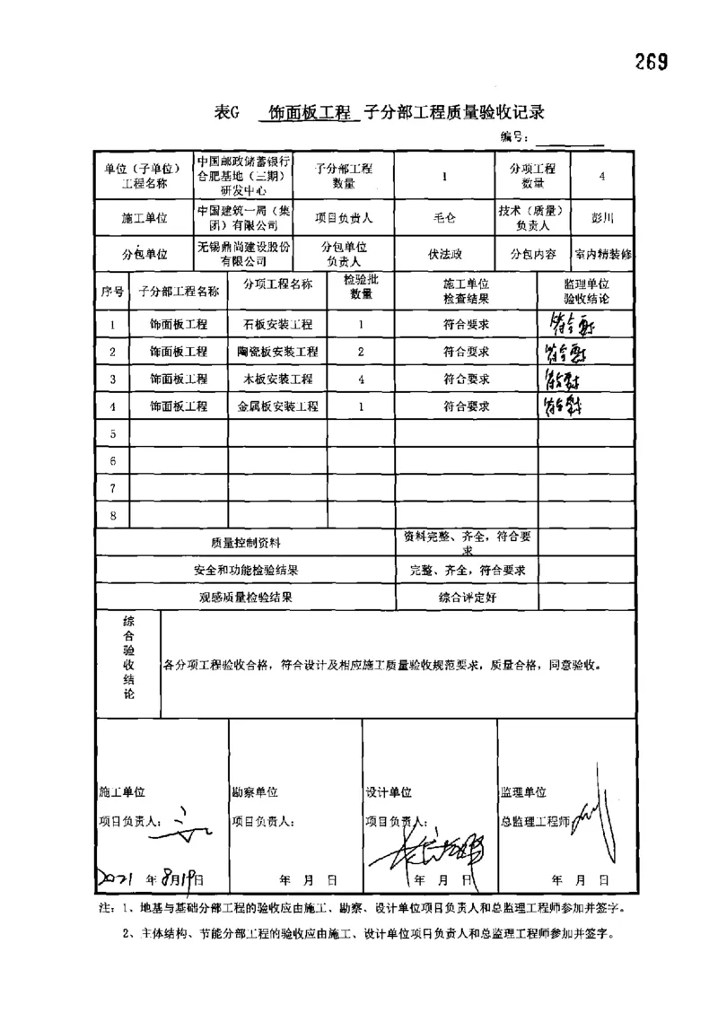 研发中心-分部子分部验收记录_2021-2023年优秀施组方案_施工组织设计_施组18-中国邮政储蓄银行合肥基地（三期）施工组织设计_3-单位工程、分部工程验收记录