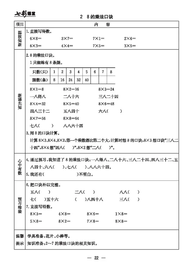 《七彩课堂》预习卡-数学2年级上册（JJ）_二年级上下册资料_小学二年级学习资料-25年更新版_2-03、小学二年级数学上册_2-3-2、练习题、作业、试题、试卷_冀教版_电子册类