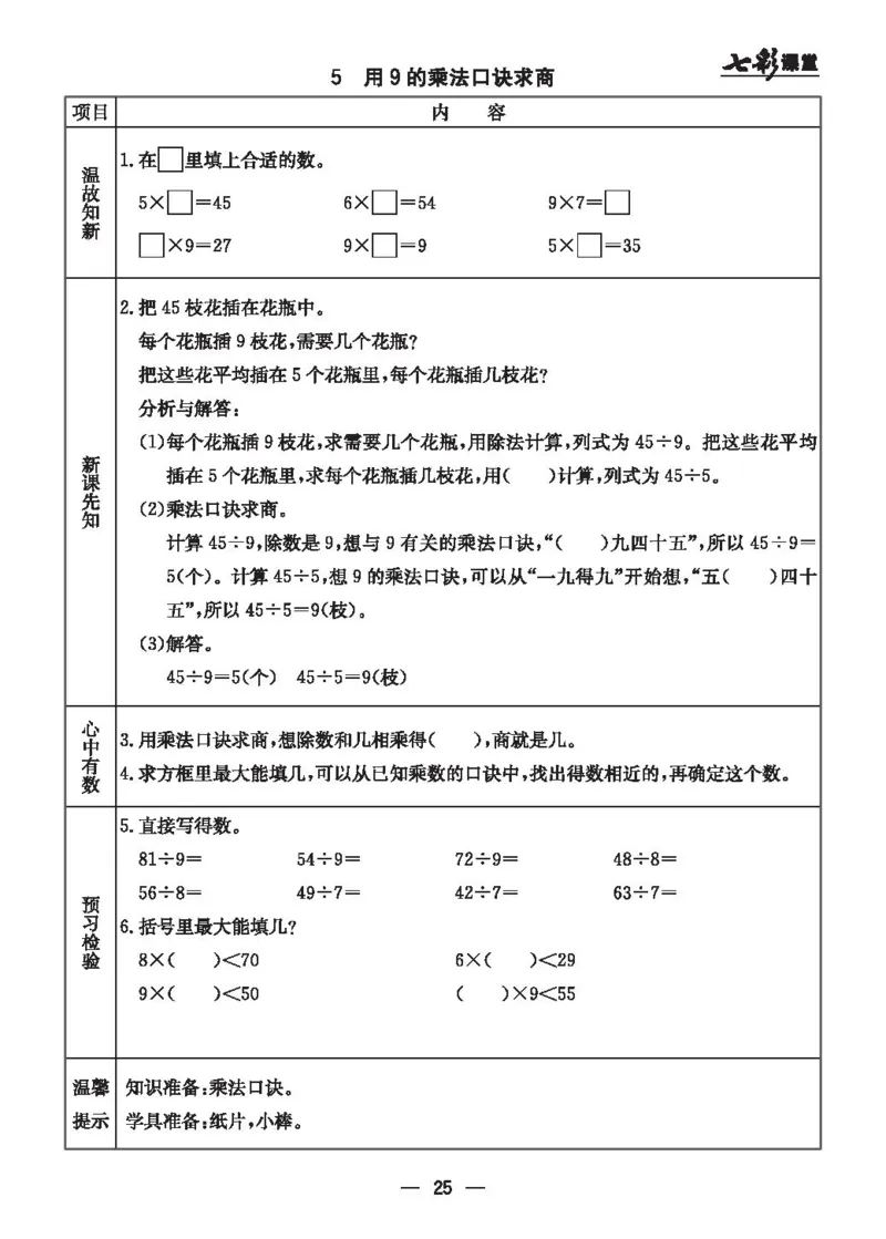 《七彩课堂》预习卡-数学2年级上册（JJ）_二年级上下册资料_小学二年级学习资料-25年更新版_2-03、小学二年级数学上册_2-3-2、练习题、作业、试题、试卷_冀教版_电子册类