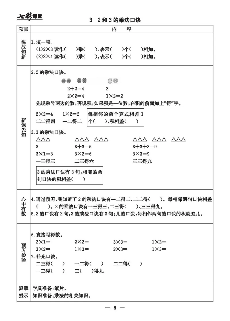 《七彩课堂》预习卡-数学2年级上册（JJ）_二年级上下册资料_小学二年级学习资料-25年更新版_2-03、小学二年级数学上册_2-3-2、练习题、作业、试题、试卷_冀教版_电子册类
