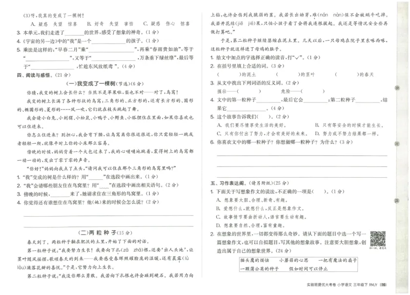 《实验班提优大考卷》语文3年级下册（RJ）_三年级上下册资料_小学三年级学习资料-25年更新版_3-02、小学三年级语文下册_3-2-2、练习题、作业、试题、试卷_电子册类