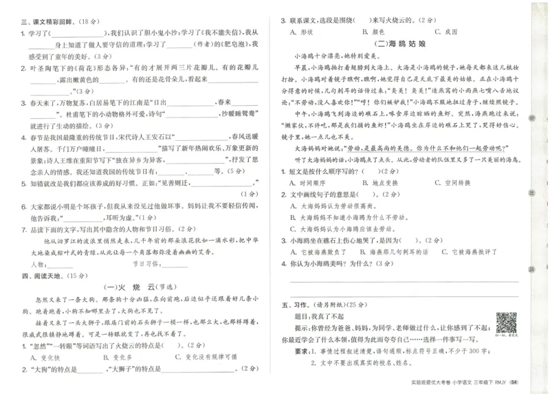 《实验班提优大考卷》语文3年级下册（RJ）_三年级上下册资料_小学三年级学习资料-25年更新版_3-02、小学三年级语文下册_3-2-2、练习题、作业、试题、试卷_电子册类