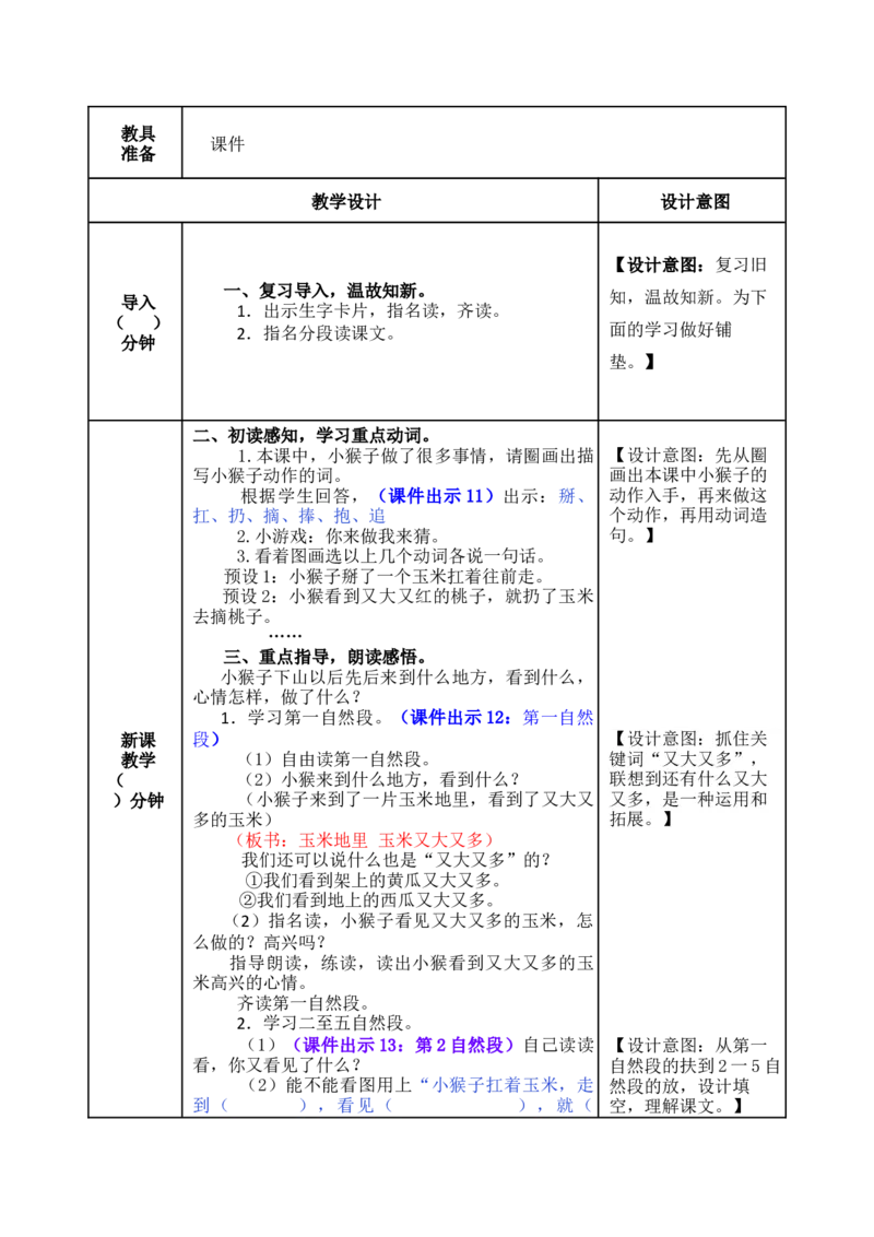 18小猴子下山-教案_一年级语文下册（统编版）_老课标资料_教案反思+导学案_表格式_5版表格式教案