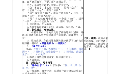 18小猴子下山-教案_一年级语文下册（统编版）_老课标资料_教案反思+导学案_表格式_5版表格式教案
