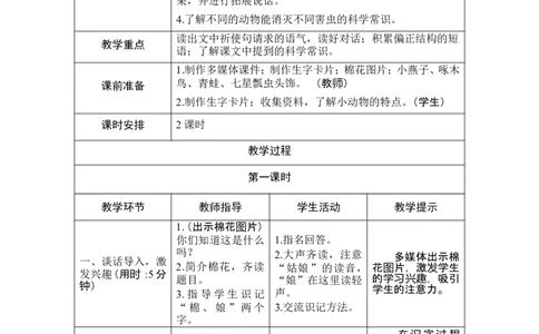 19《棉花姑娘》导学案_一年级语文下册（统编版）_老课标资料_教案反思+导学案_表格式_1版表格式导学案