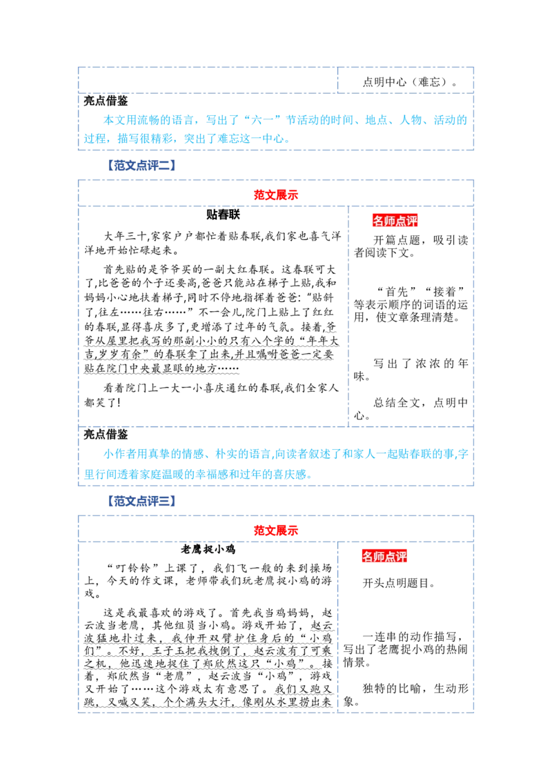 第七单元习作：儿童生活（范文点评）（统编版）_一年级语文上册（统编版）_单元写作能力提升_老课标