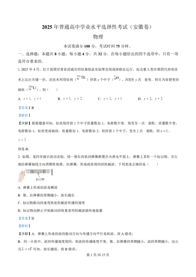 2025年高考物理试卷（安徽卷）（解析卷）_物理历年高考真题_新&middot;PDF版2008-2025&middot;高考物理真题_物理（按年份分类）2008-2025_2025&middot;高考物理真题