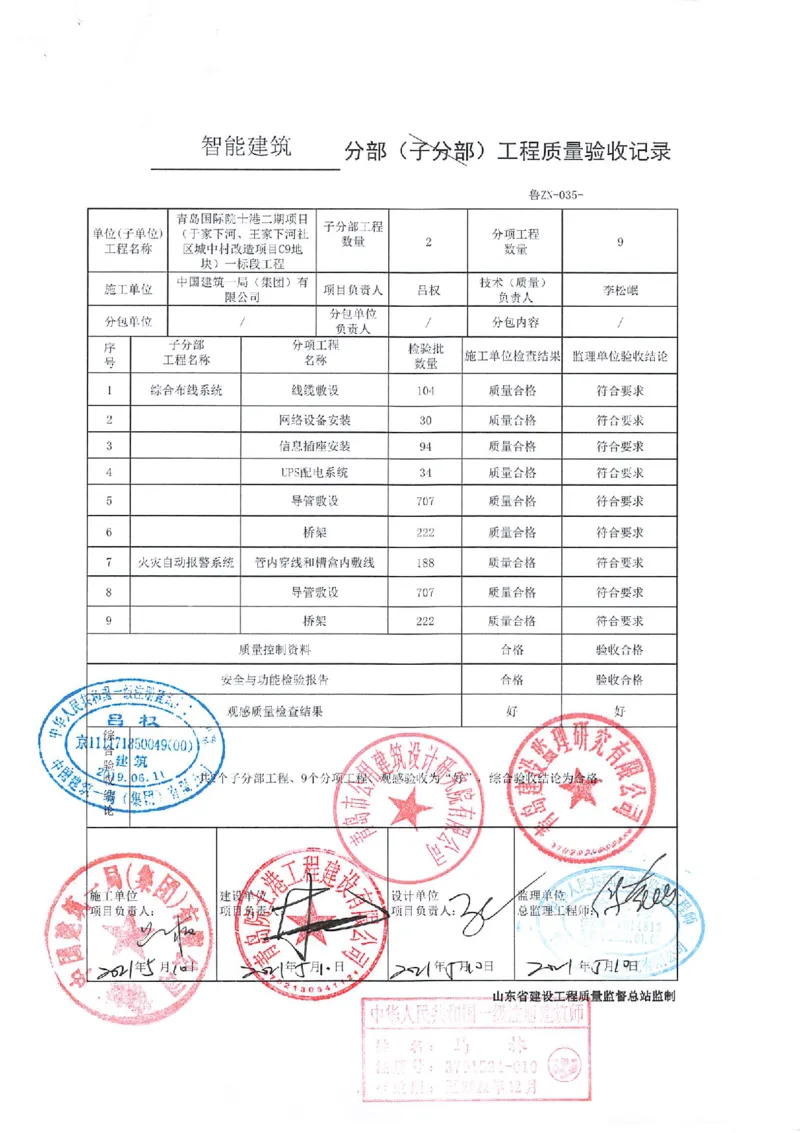 智能建筑分部_2021-2023年优秀施组方案_施工组织设计_施组02-青岛国际院士港二期项目一标段施工组织设计_2、质量竣工验收记录_分部