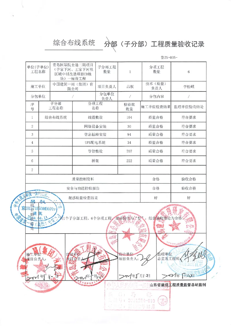 智能建筑分部_2021-2023年优秀施组方案_施工组织设计_施组02-青岛国际院士港二期项目一标段施工组织设计_2、质量竣工验收记录_分部