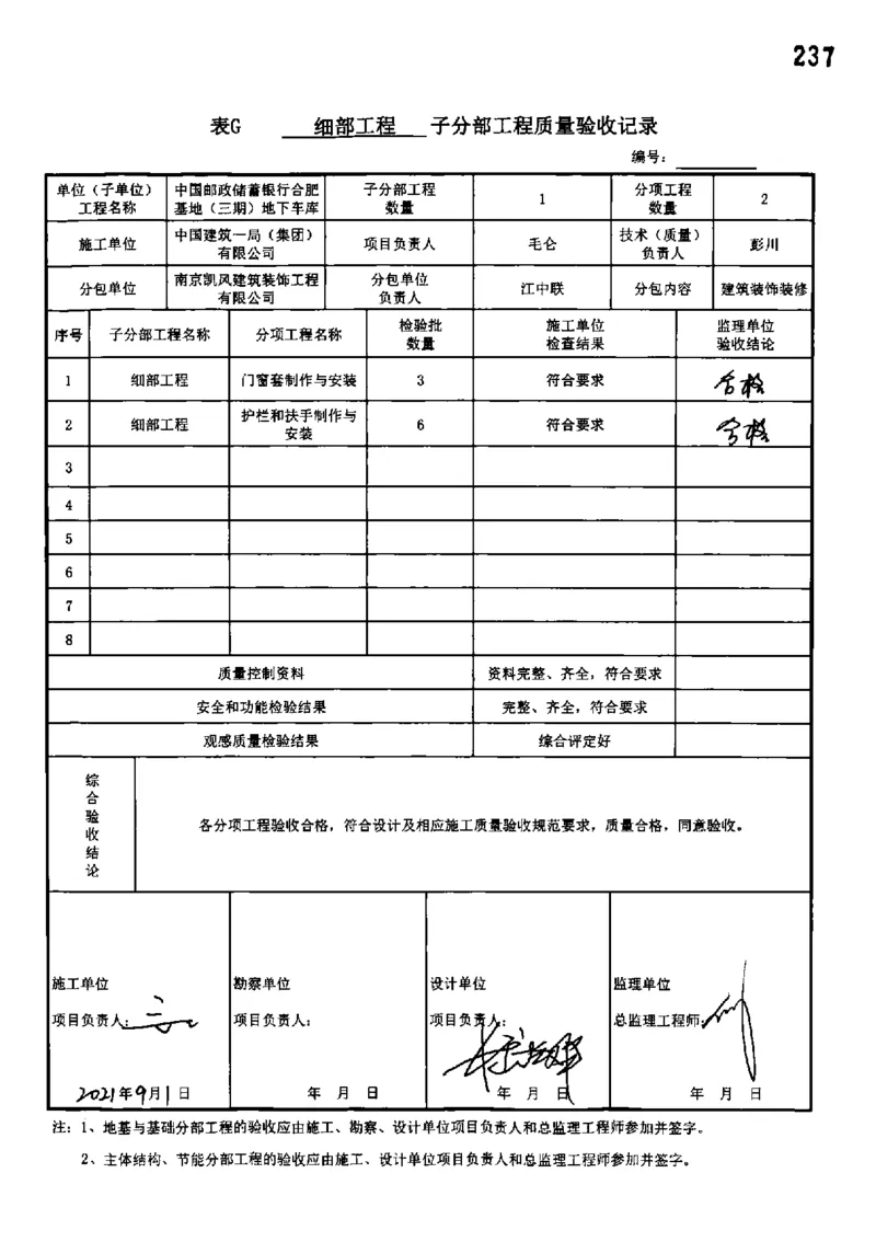地下车库-分部子分部验收记录_2021-2023年优秀施组方案_施工组织设计_施组18-中国邮政储蓄银行合肥基地（三期）施工组织设计_3-单位工程、分部工程验收记录