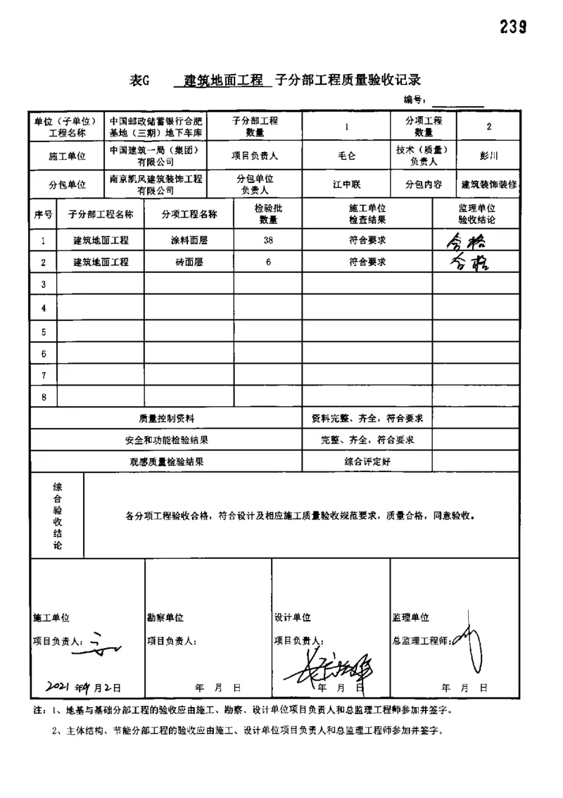 地下车库-分部子分部验收记录_2021-2023年优秀施组方案_施工组织设计_施组18-中国邮政储蓄银行合肥基地（三期）施工组织设计_3-单位工程、分部工程验收记录