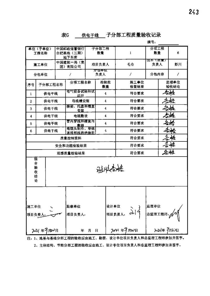 地下车库-分部子分部验收记录_2021-2023年优秀施组方案_施工组织设计_施组18-中国邮政储蓄银行合肥基地（三期）施工组织设计_3-单位工程、分部工程验收记录