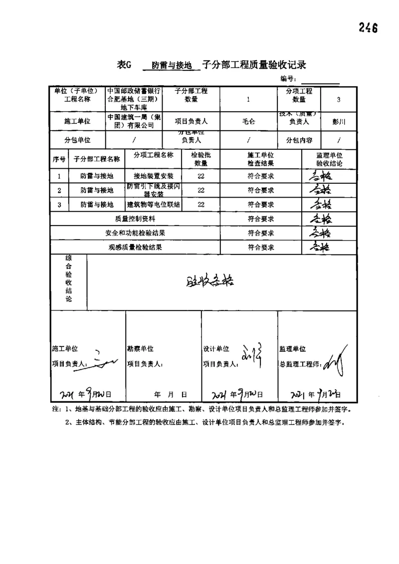 地下车库-分部子分部验收记录_2021-2023年优秀施组方案_施工组织设计_施组18-中国邮政储蓄银行合肥基地（三期）施工组织设计_3-单位工程、分部工程验收记录