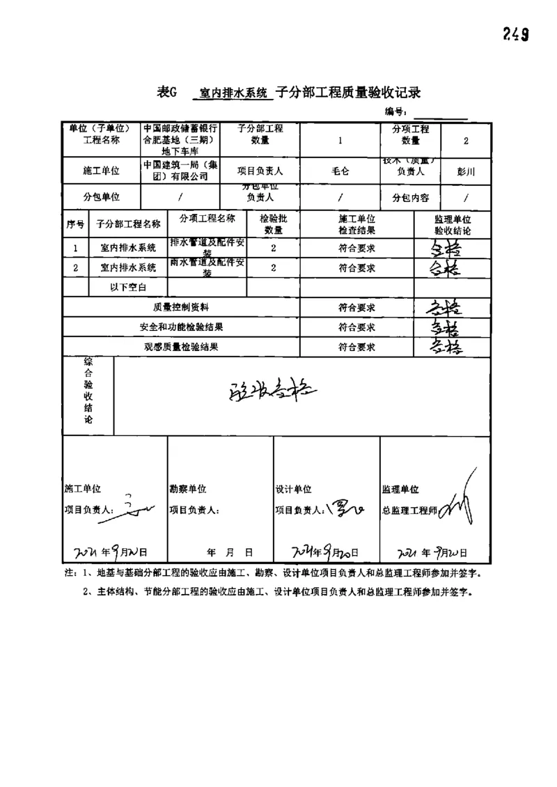 地下车库-分部子分部验收记录_2021-2023年优秀施组方案_施工组织设计_施组18-中国邮政储蓄银行合肥基地（三期）施工组织设计_3-单位工程、分部工程验收记录
