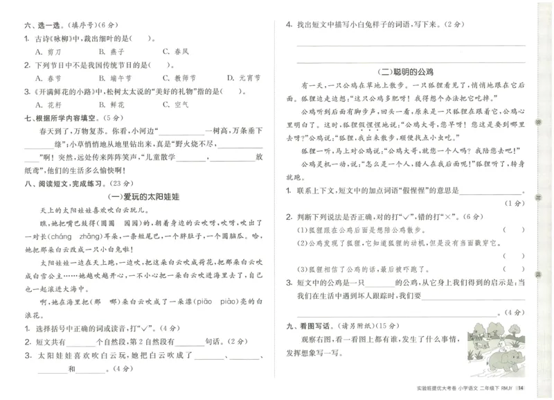 《实验班提优大考卷》语文2年级下册（RJ）_二年级上下册资料_小学二年级学习资料-25年更新版_2-02、小学二年级语文下册_2-2-2、练习题、作业、试题、试卷_电子册类